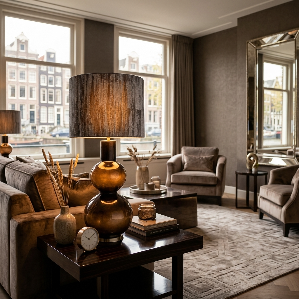 een woonkamer met diepe en warme kleuren kenmerkend voor de hotel chique woonstijl