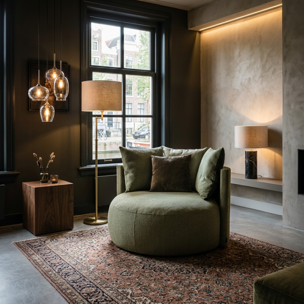 een zithoek met allerlei verschillende hotel chique lichtpunten